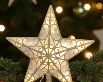 Estrella dorada brillante iluminada de 12" para la punta del árbol de Navidad, con enchufe y 12 luces