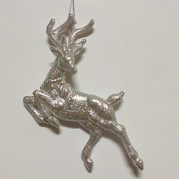 Set of 2 Glitter Platinum Leaping Reindeer Ornament Holiday Hanging Ornament