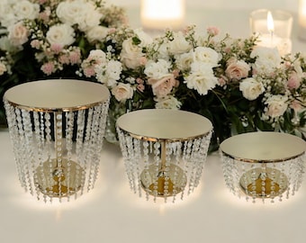 14&quot; Gold Cake Stand with Crystal Chains Wedding Party Centerpiece Decor