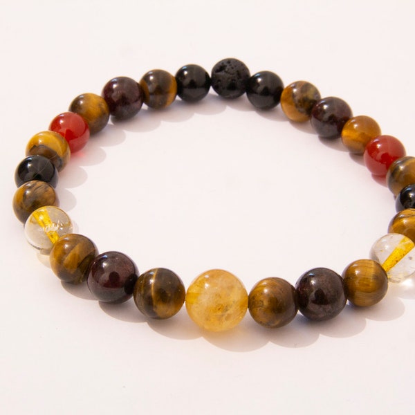 Quête Revigorante: bracelet citrine, oeil de tigre, tourmaline, grenat et agate rouge de haute qualité