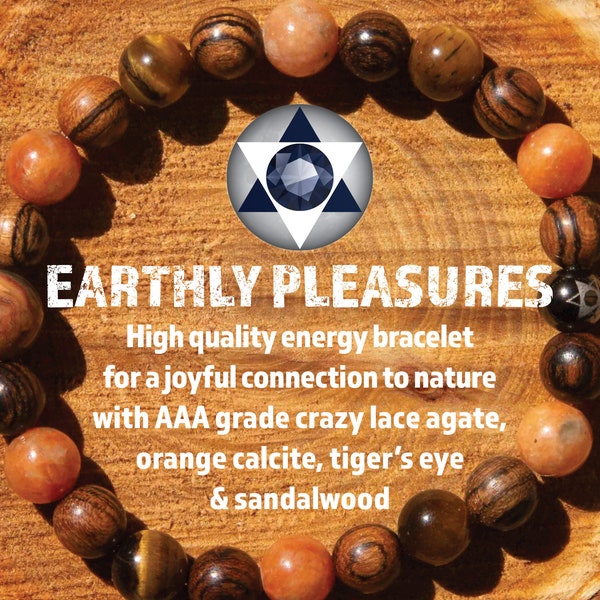 Earthly Pleasures: Crazy Lace agate bracelet with orange calcite, tiger's eye and sandalwood for natural joy