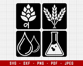 May include: Black and white illustration of four icons: a hop flower, wheat, water drops, and a beaker. The icons are set against a black background.