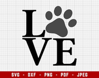 LOVE Paw Print SVG Snijbestanden | Hondenpoten met liefde Digitale Clip Art, Pet Paw SVG | Svg, Dxf, Png, Jpeg, Pdf
