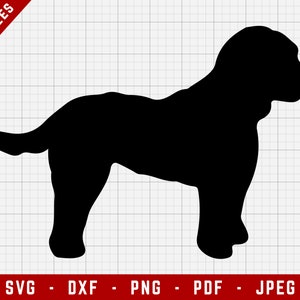 May include: Black silhouette of a dog standing on a white grid background.