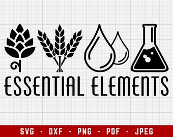 May include: Black and white graphic design with four icons representing essential elements: a hop, wheat, water droplets, and a beaker. The text "ESSENTIAL ELEMENTS" is below the icons.