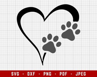 Heart Paw Prints SVG Cutting Files | Dog Paws with Heart Digital Clip Art, Pet Paws SVG | Svg, Dxf, Png, Jpeg, Pdf