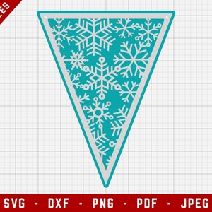 May include: A teal blue triangle banner with a white snowflake pattern. The banner has a white border and two holes at the top for hanging.