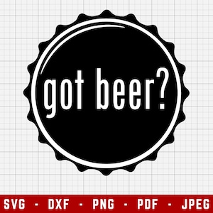 May include: Black and white graphic of a bottle cap with the text "got beer?" in white.