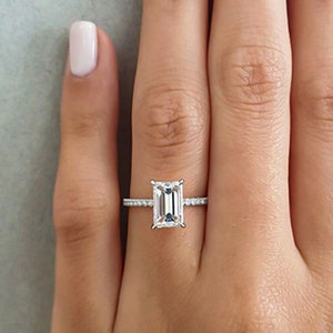 2 Ct Emerald Moissanite Engagement Ring, Halo Solitaire Ring, 14K Solid Gold Ring, Hidden Halo Emerald Cut Ring, Wedding Ring Gift for her