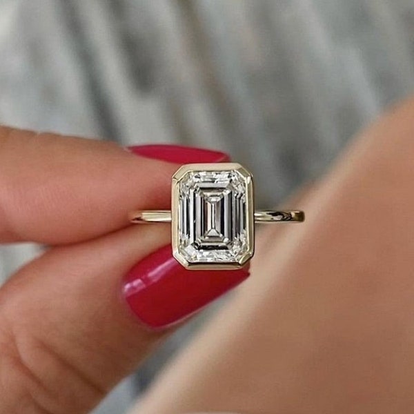 2.00 Ct Emerald Cut Moissanite Diamond Ring 14K Gold Ring Bezel Set Emerald Cut Solitaire Ring Engagement Ring Solid Yellow Gold Ring Gifts