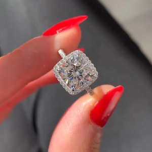 Anillo solitario de moissanita con corte cojín de 3 quilates, anillo de oro de 14 quilates, anillo de bodas con halo oculto, anillo de promesa, anillo de compromiso con corte cojín brillante