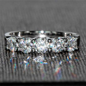 2 Ct Moissanite Five Stone Wedding Ring, Promise Anniversary Ring, Handmade Rings, Engagement Ring, Solitaire Wedding Band, 14K White Gold