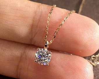 1.5 Ct Moissanite Solitaire Diamond Necklace, Dainty Moissanite Necklace, 14K Solid Yellow Gold Necklace, Single Diamond Gold Necklace Gifts