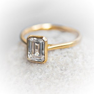 1.2 Ct Emerald Cut Moissanite Diamond Ring 925 Silver Ring Bezel Set Emerald Cut Solitaire Ring Engagement Ring 14K Solid Yellow Gold Ring