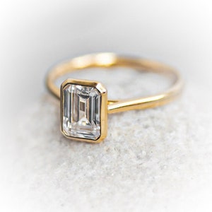 1.2 Ct Emerald Cut Moissanite Diamond Ring, Bezel Set Emerald Cut Solitaire Ring, 14K Gold Bezel Set Wedding Ring, Moissanite Bezel Set Ring