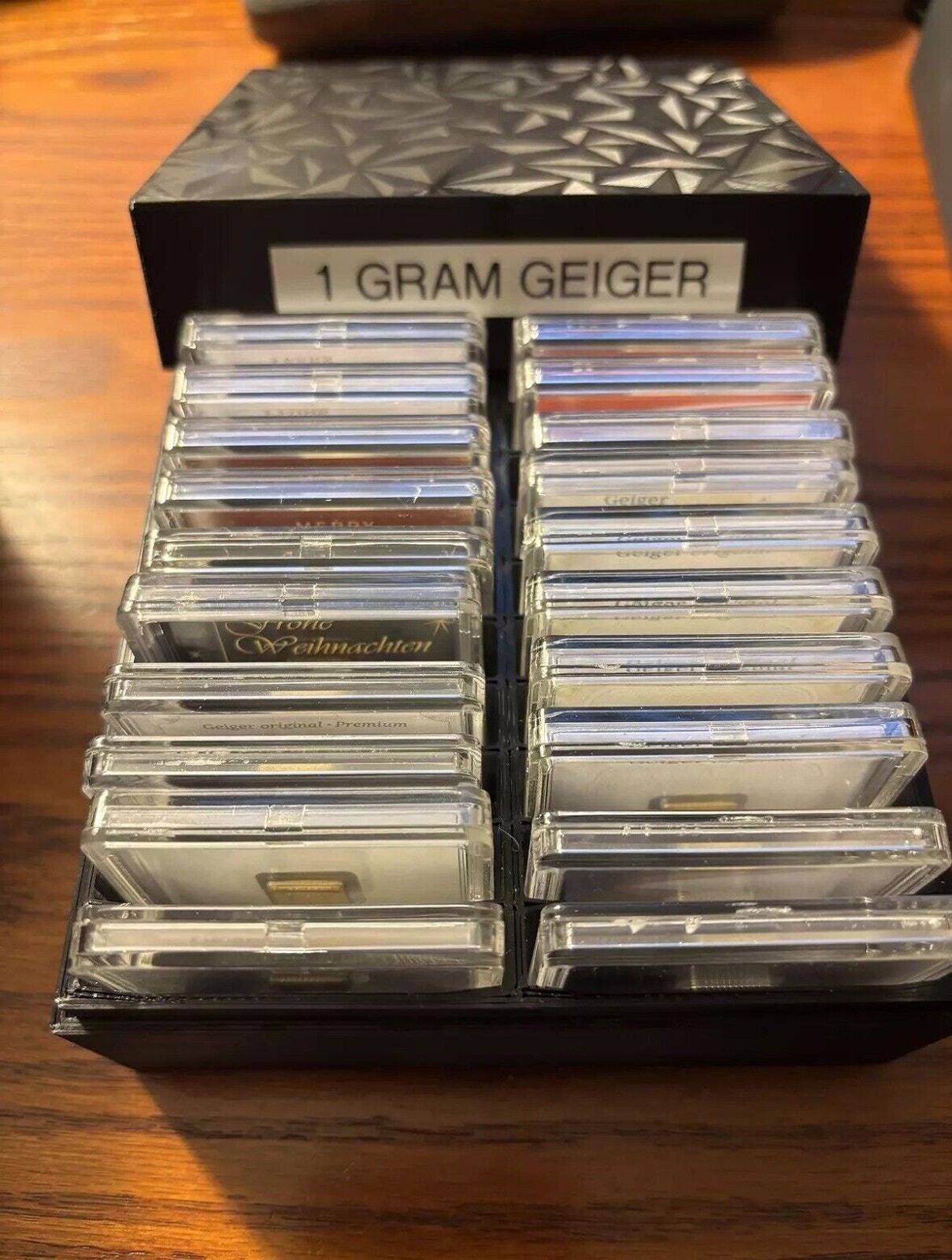 3DP Black Storage Box Holds 20x 1 Gram Geiger Gold Bars in Assay
