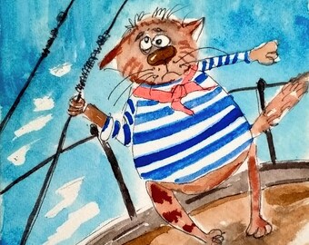 NEW! Original ACEO atc Miniature handmade watercolor Painting funny big funny ginger Marine Cat Feline kitten signed