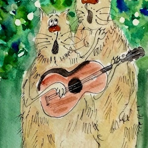 NEW! Original ACEO Miniature handmade watercolor Painting funny big Singing Cats Feline kittens colorful signed