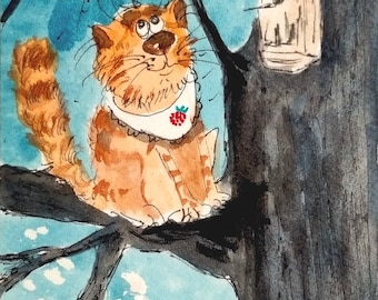 NEW! Original ACEO atc Miniature handmade watercolor Painting funny big fat orange Cat Feline kitten at the tree signed