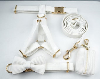 Weißer Cord Hundegeschirr und Leine Set, Personalisieren Sie Schritt In Welpen Geschirr, Halsband, Fliege, Kotbeutel Halter, Luxus Hochzeit Geschirr