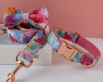 Colorful Watercolor Personalized Bow Tie Dog Collar and Leash Set, Handmade Wedding Dog Collar with Custom Engraved Nameplate