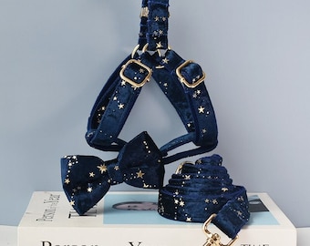 Personalized dog harness and leash with bow tie - Starry Night Velvet