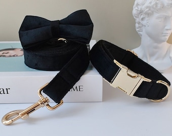 Black Velvet Personalized Bow Tie Dog Collar and Leash Set, Handmade Wedding Dog Collar with Custom Engraved Nameplate