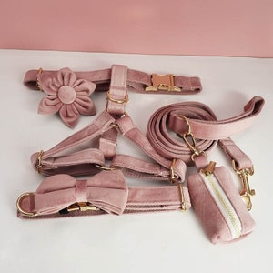 Dusty Pink Dog Harness and Leash Set, Teal Personalize Step In Puppy Harness, Collar, Bowtie, Poo Bag Holder, Luxury Wedding Harness