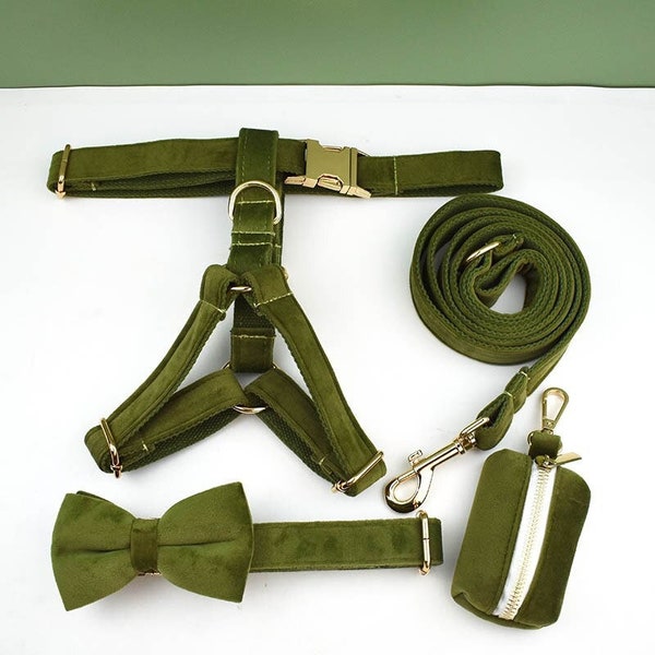 Army Green Dog Harness and Leash Set, Personalize Step In Puppy Harness, Collar, Bowtie, Poo Bag Holder, Luxury Wedding Harness