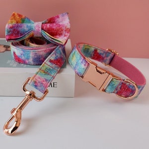 Colorful Watercolor Personalized Bow Tie Dog Collar and Leash Set, Handmade Wedding Dog Collar with Custom Engraved Nameplate