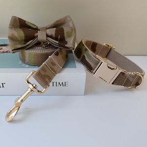 Brown Camouflage Personalized Bow Tie Dog Collar and Leash Set, Handmade Wedding Dog Collar with Custom Engraved Nameplate