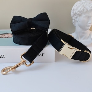 Black Velvet Personalized Bow Tie Dog Collar and Leash Set, Handmade Wedding Dog Collar with Custom Engraved Nameplate