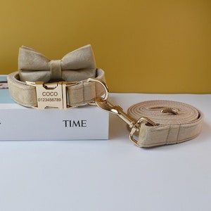 Beige Velvet Personalized Bow Tie Dog Collar and Leash Set, Handmade Wedding Dog Collar with Custom Engraved Nameplate