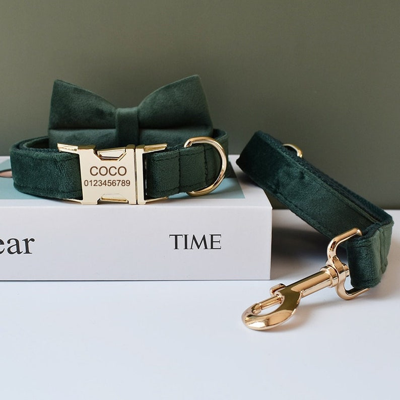 May include: A green velvet dog collar and matching bow tie with a gold buckle engraved with the name "COCO" and phone number "0123456789".