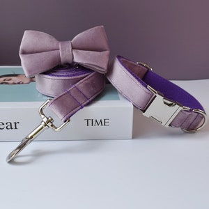 Violet Lavender Velvet Personalized Bow Tie Dog Collar and Leash Set, Purple Handmade Wedding Dog Collar with Custom Engraved Nameplate