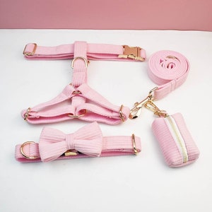 Baby Pink Corduroy Dog Harness and Leash Set, Personalize Step In Puppy Harness, Collar, Bowtie, Poo Bag Holder Luxury Wedding Harness