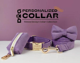 Lavender Corduroy Dog Collar and Leash Set: Personalized Bow Tie, Engraved Nameplate