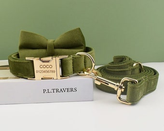 Army Green Velvet Dog Collar and Leash Set: Personalized Bow Tie, Engraved Nameplate