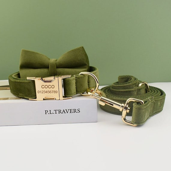 Army Green Velvet Dog Collar and Leash Set: Personalized Bow Tie, Engraved Nameplate