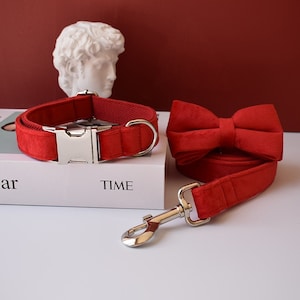 Red Velvet Personalized Bow Tie Dog Collar and Leash Set, Handmade Wedding Dog Collar with Custom Engraved Nameplate