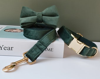 Emerald Green Velvet Personalized Bow Tie Dog Collar and Leash Set, Dark Green Handmade Wedding Dog Collar with Custom Engraved Nameplate