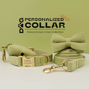 Yellow Green Corduroy Personalized Bow Tie Dog Collar and Leash Set, Handmade Wedding Dog Collar with Custom Engraved Nameplate