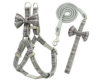 Dog Harness and Leash Set With Bow tie - Gray Plaid