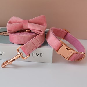 Pink Velvet Personalized Bow Tie Dog Collar and Leash Set, Handmade Wedding Dog Collar with Custom Engraved Nameplate