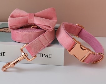 Pink Velvet Personalized Bow Tie Dog Collar and Leash Set, Handmade Wedding Dog Collar with Custom Engraved Nameplate