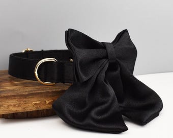 Personalized Dog Collar and Leash Set: Black Velvet Sailor Bow Tie, Engraved Nameplate