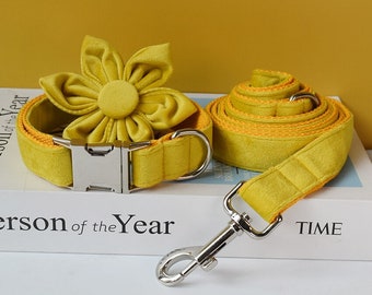 Yellow Velvet Personalized Dog Collar and Leash Set with Detachable Flower, Handmade Wedding Dog Bow Tie Collar, Dog Collar Flower