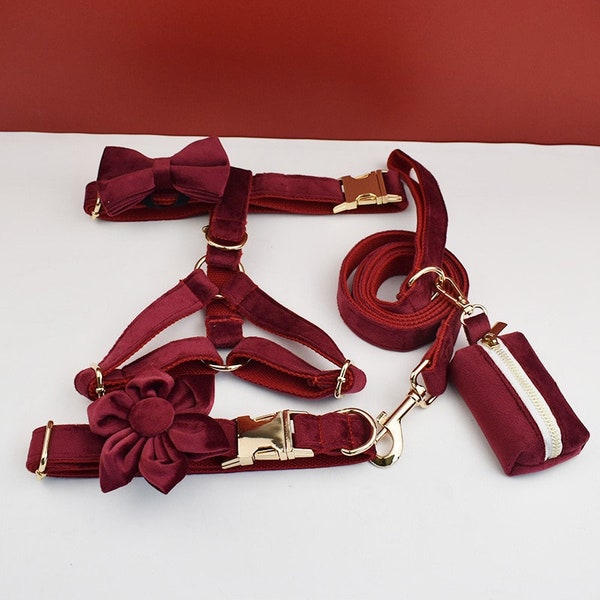 Burgundy Velvet Dog Harness and Leash Set, Red Personalize Step In Puppy Harness, Collar, Bowtie, Poo Bag Holder, Luxury Wedding Harness