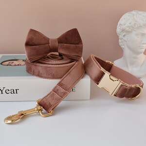 Cocoa Brown Velvet Personalized Bow Tie Dog Collar and Leash Set, Handmade Wedding Dog Collar with Custom Engraved Nameplate