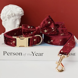 Red Starry Velvet Personalized Bow Tie Dog Collar and Leash Set, Night Starry Handmade Wedding Dog Collar with Custom Engraved Nameplate